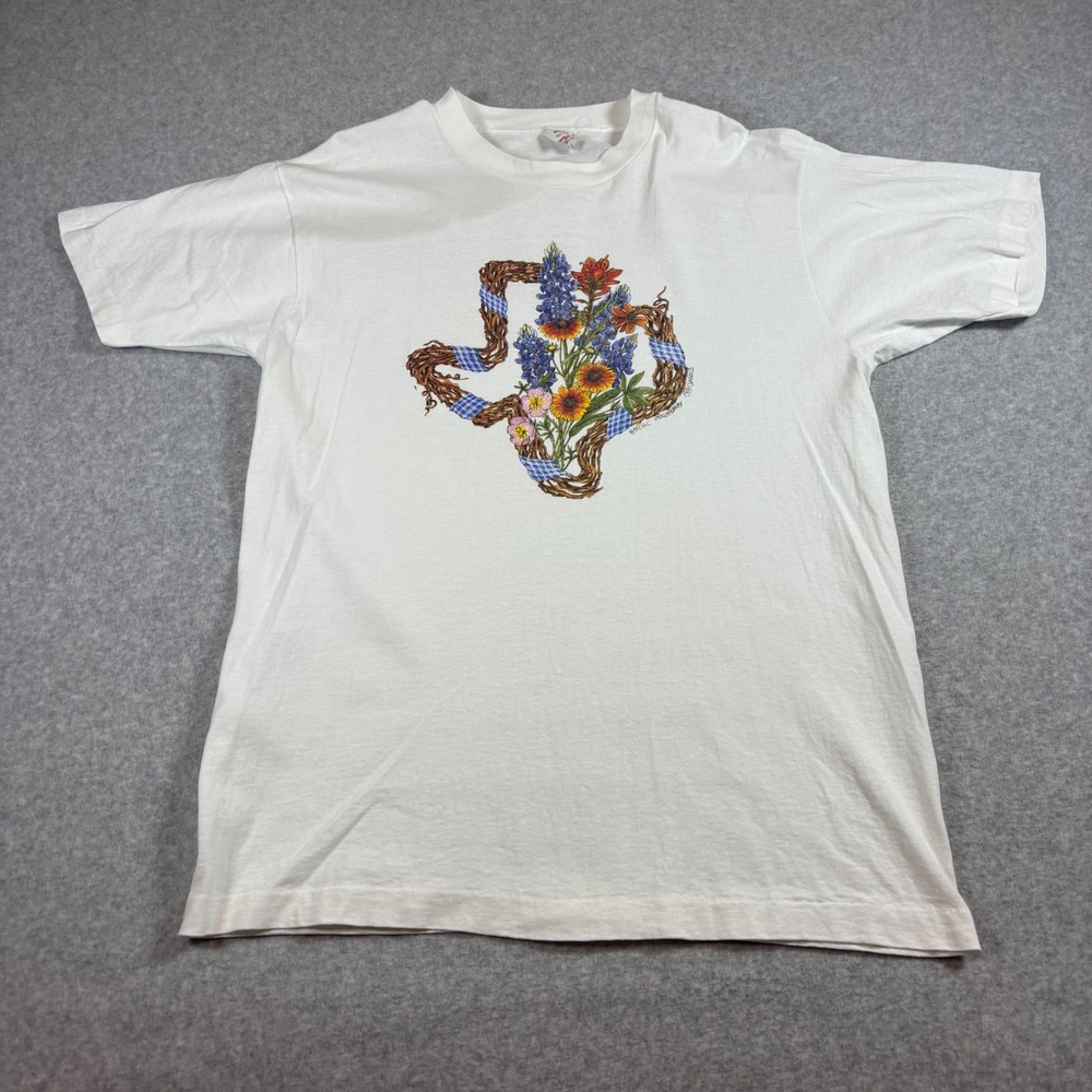 Vintage USA Made Fruit of the Loom T-Shirt Mens Large White Texas Wildflowers